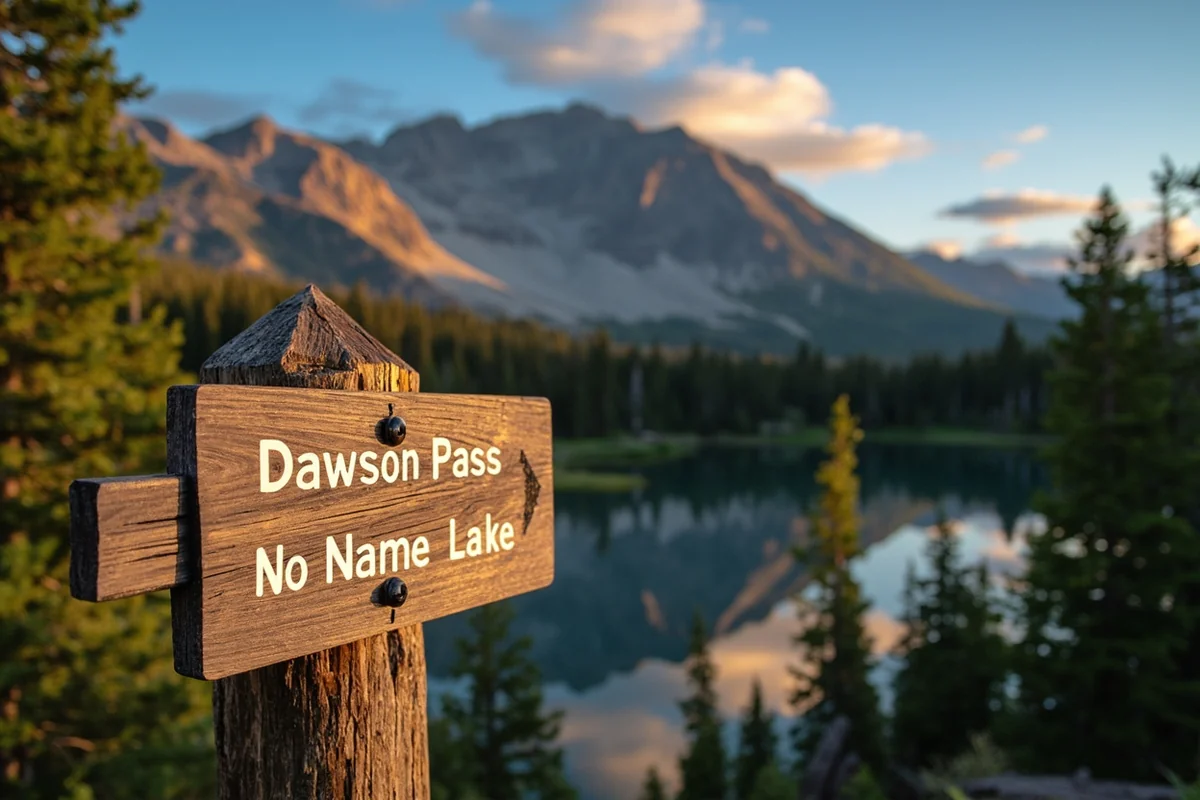 Trail junction sign showing directions to Dawson Pass and No Name Lake with forest backdrop