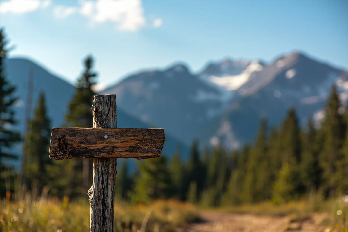 Trail junction signpost in Montana wilderness with mountain peaks visible in background