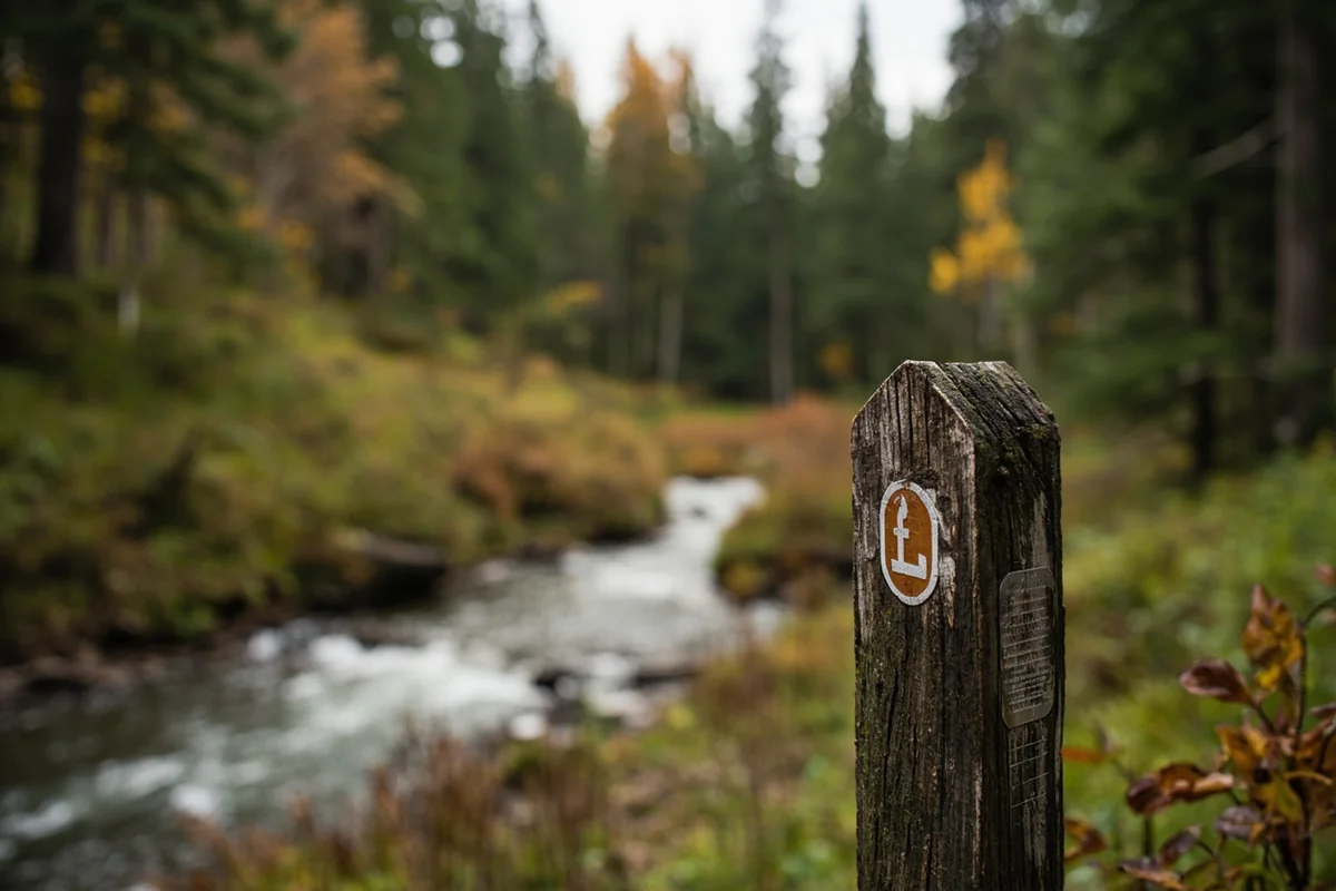 Trail marker along Camas Creek Trail with forest backdrop