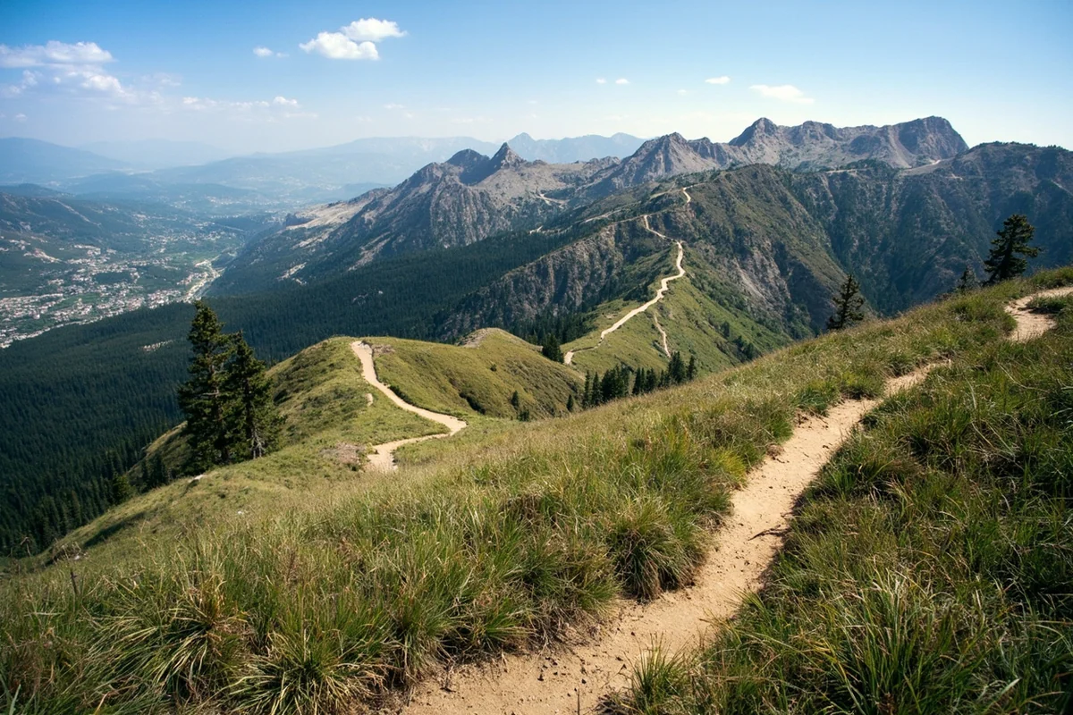 Trail section showing switchbacks with mountain views in background