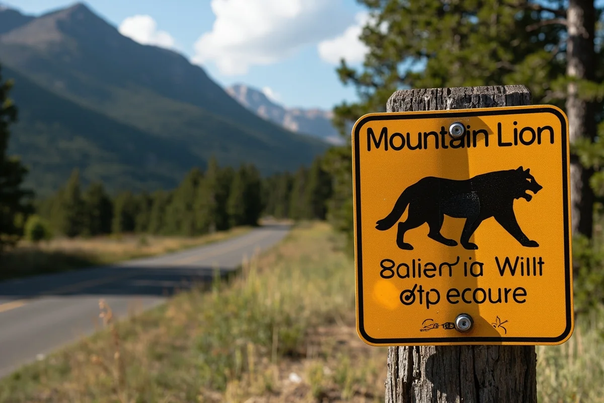 Trail sign warning about mountain lion activity in Montana wilderness area