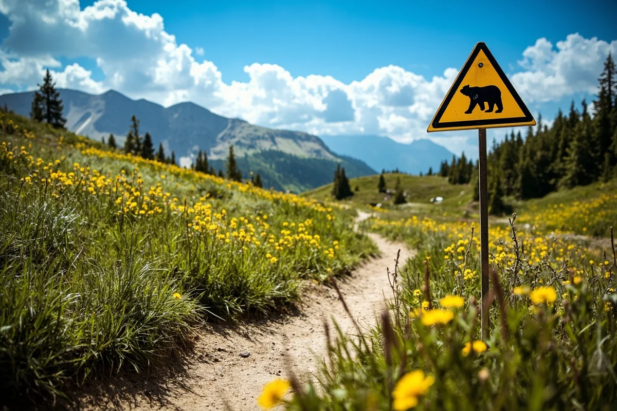 Trail through subalpine meadow with bear warning sign visible