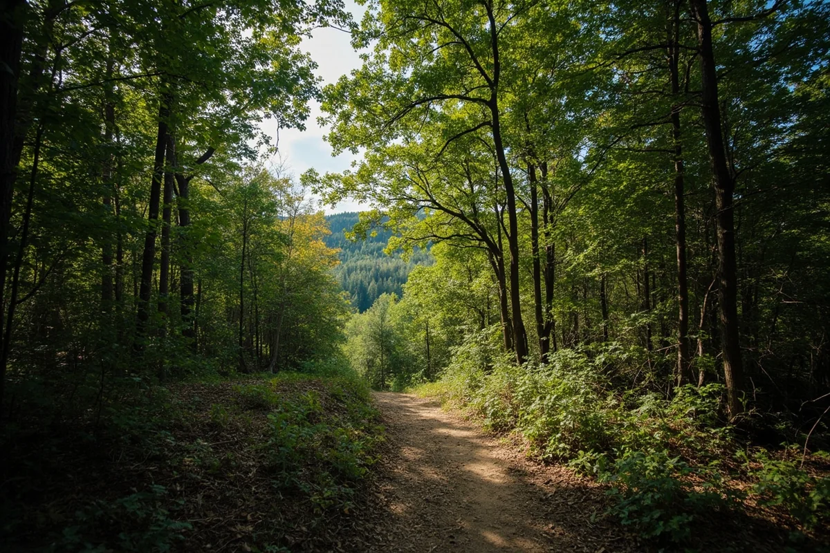 Trail view showing typical terrain and forest canopy