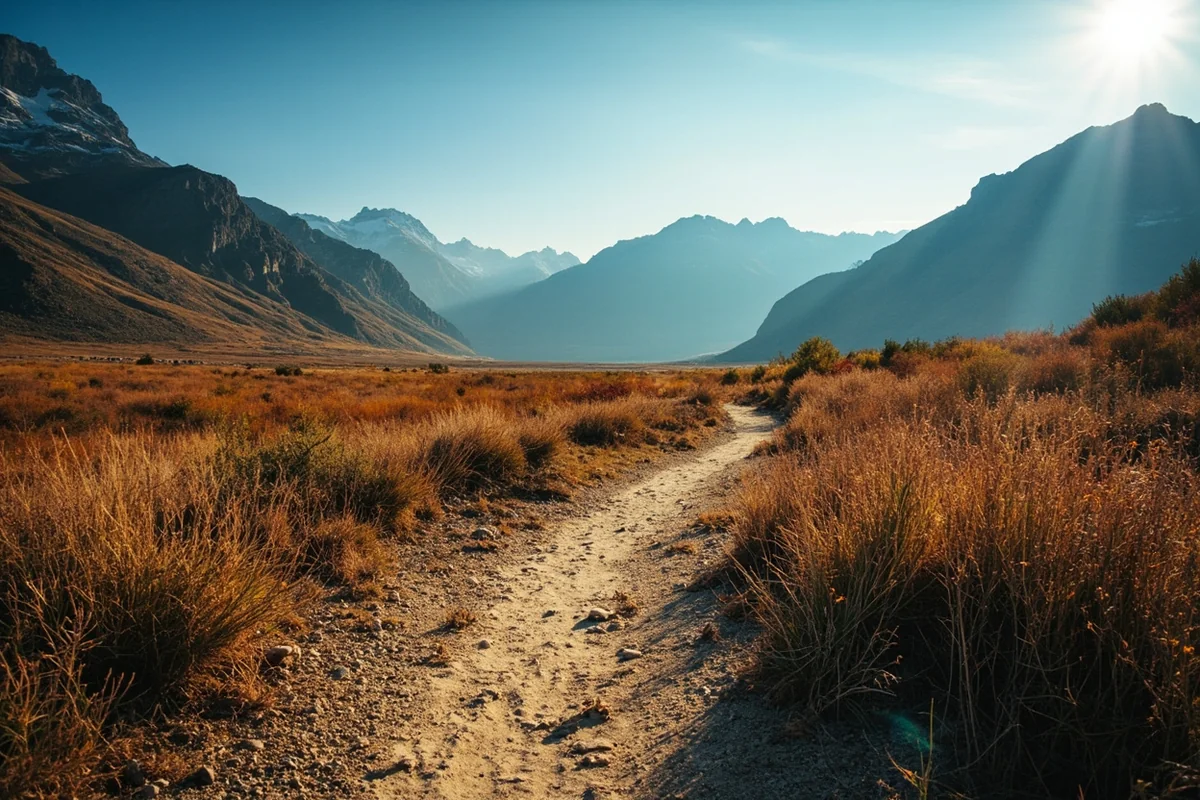 Trail winding through Belly River Valley with mountain peaks visible in background