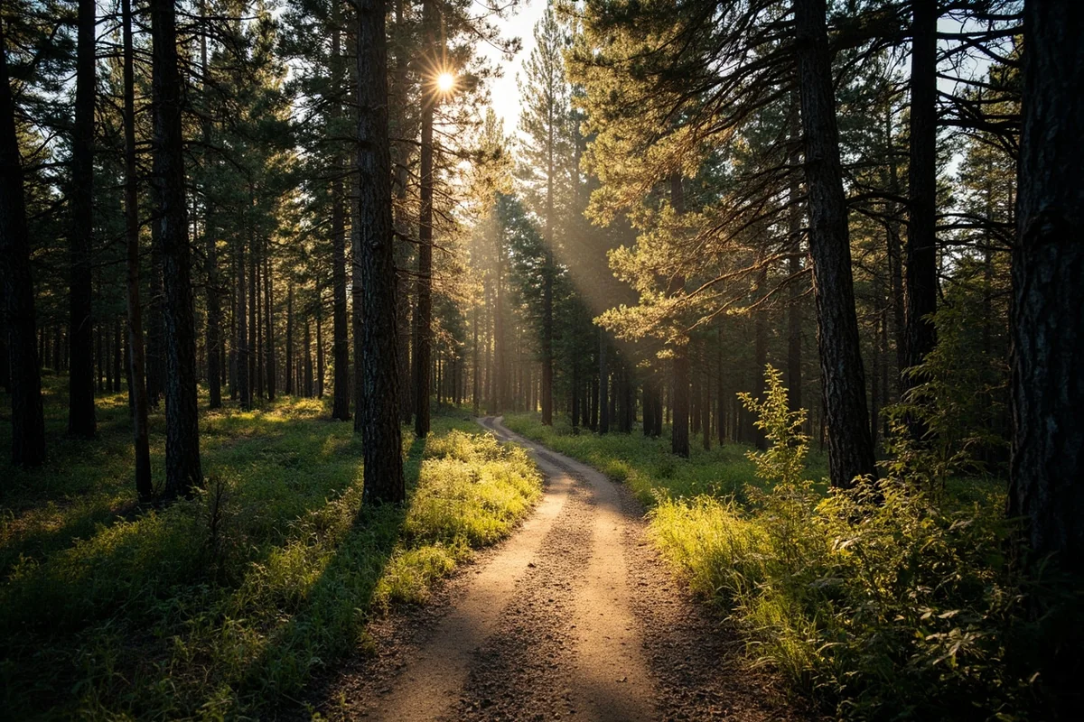 Trail winding through dense lodgepole pine forest with dappled sunlight on the path