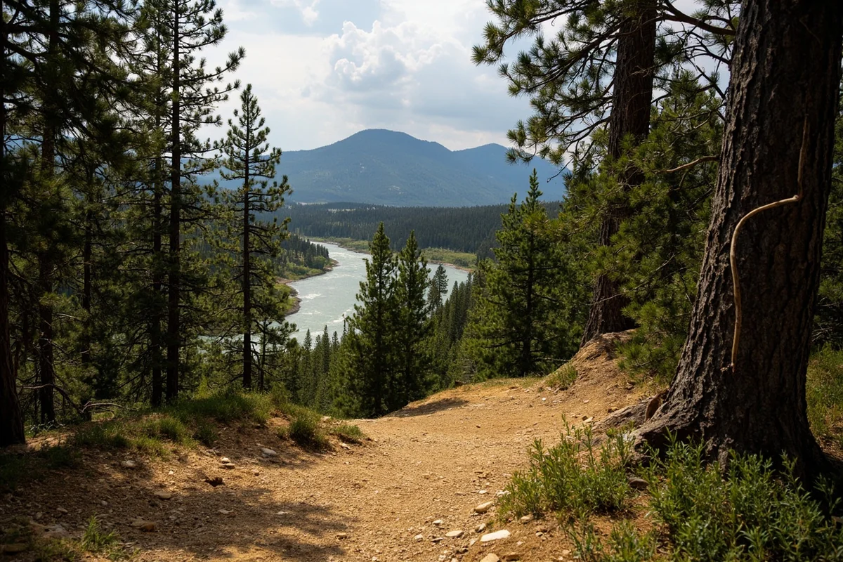 Trail winding through lodgepole pine forest with Sun River visible in background