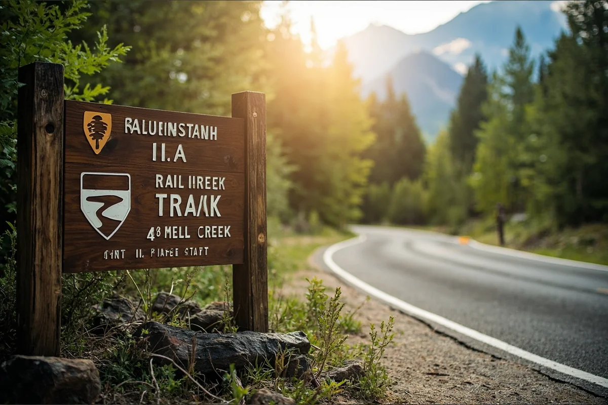 Trailhead sign and parking area at Mill Creek trail