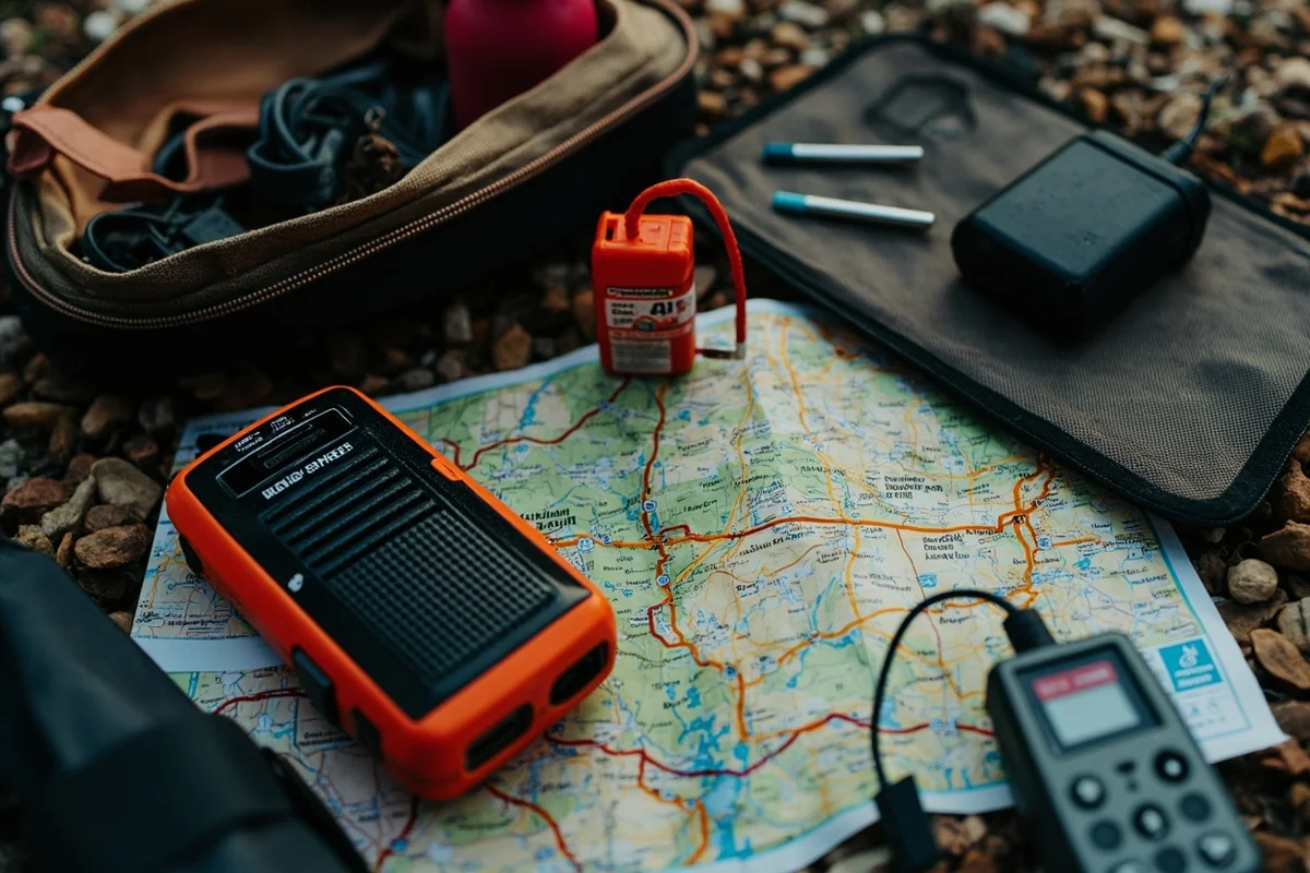 Travel safety items laid out including weather radio, portable charger, first aid kit, and physical Montana map