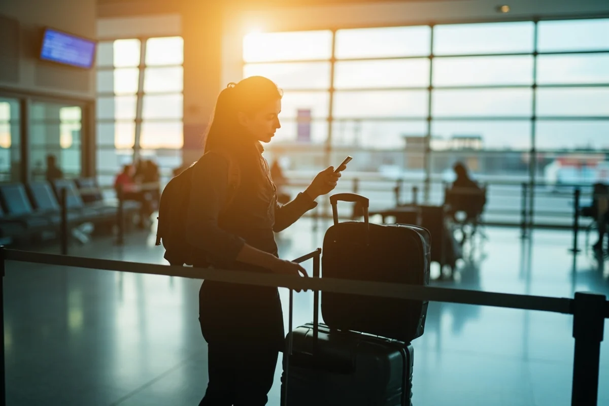 Traveler at Montana airport checking smartphone with luggage nearby