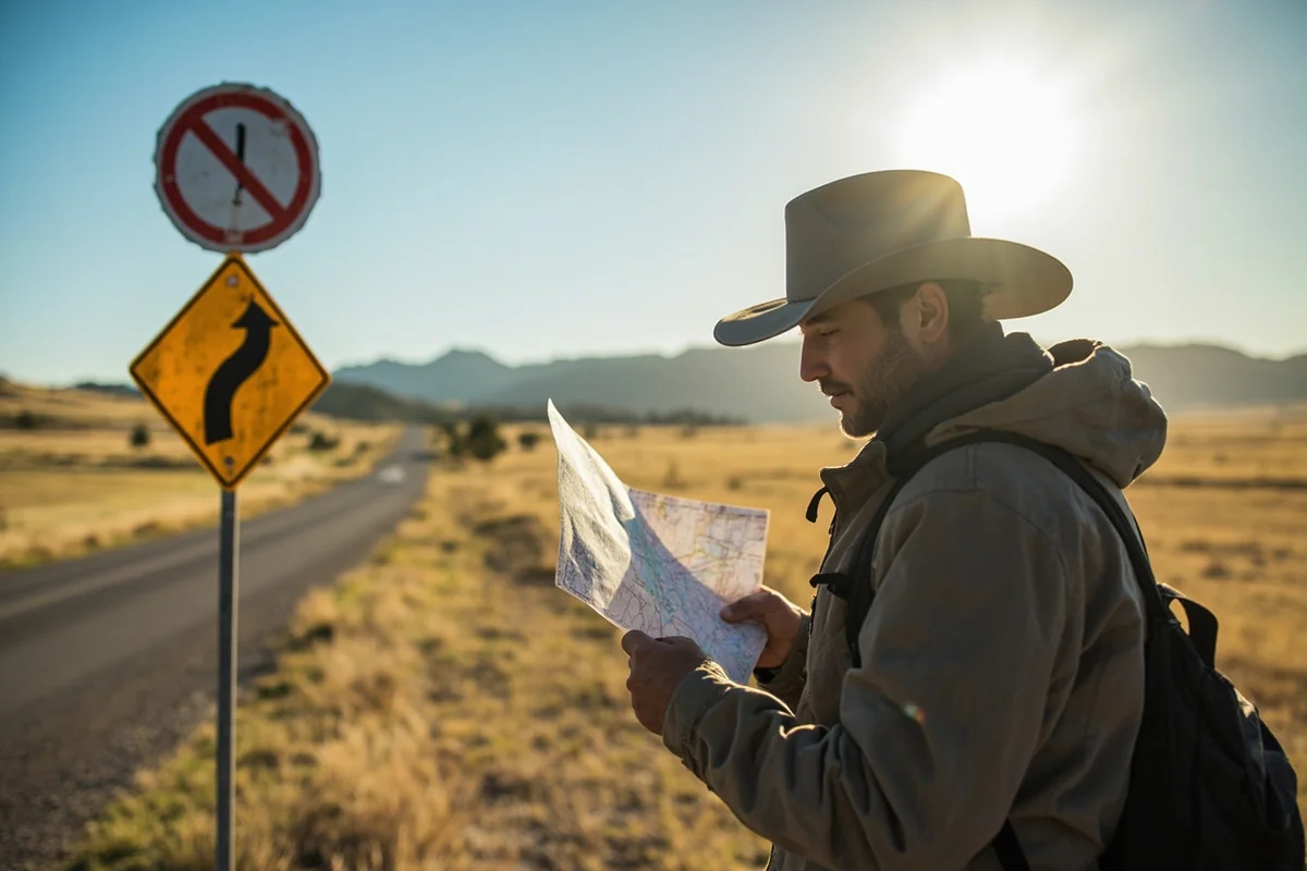 Traveler checking paper map at rural Montana intersection with no cell service indicator