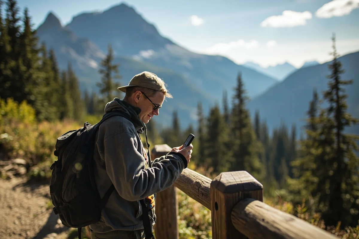 Traveler checking phone for signal at Glacier National Park's Logan Pass visitor center