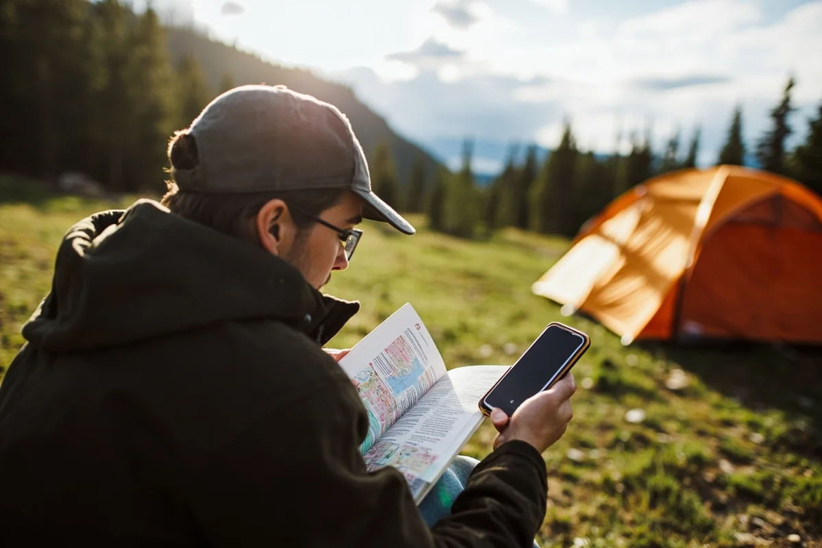 Traveler comparing physical guidebook to phone app while sitting at a Montana campsite