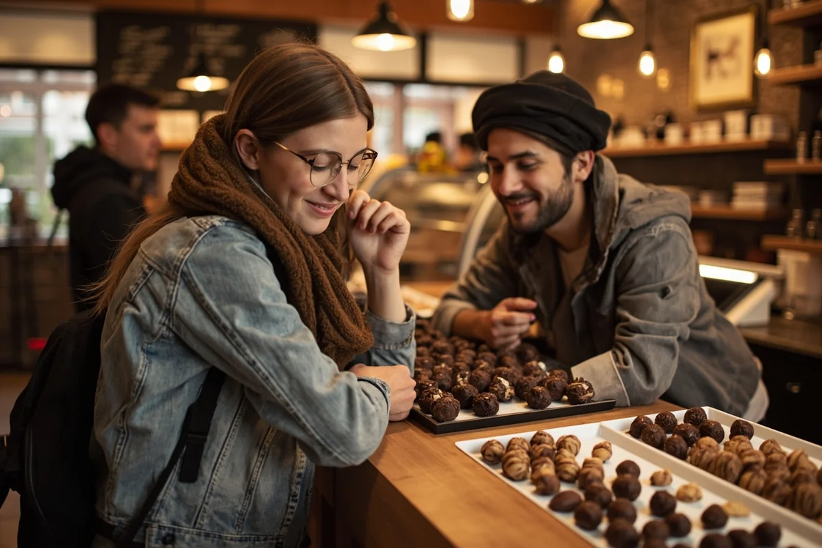 Traveler enjoying chocolate tasting at Montana shop counter with selection of truffles