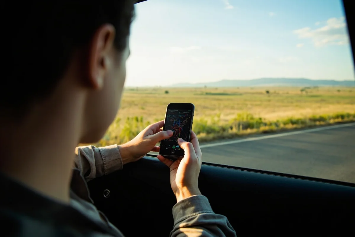 Traveler looking at weather radar on smartphone with Montana prairie landscape visible through car window