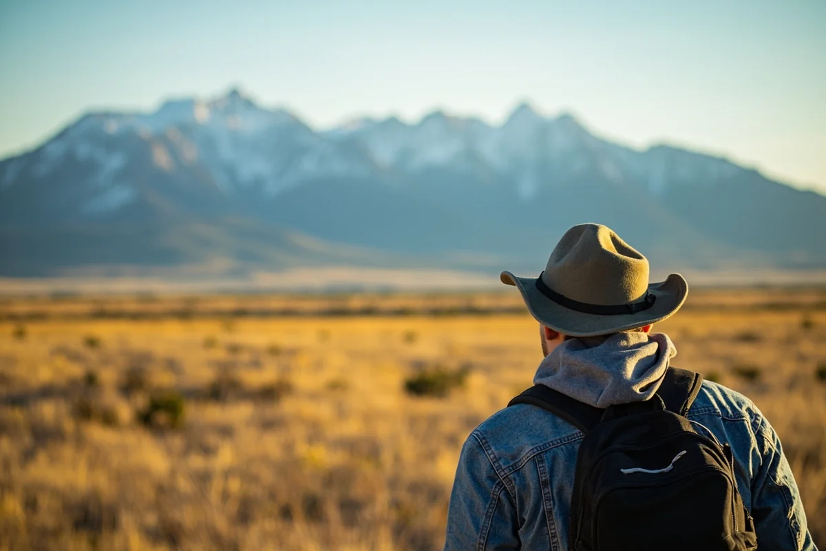 Traveler looking out over Montana landscape capturing both mountains and prairie