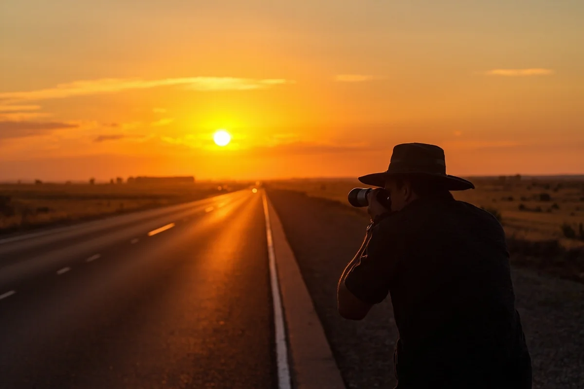 Traveler photographing Montana oil country sunset from roadside pullout