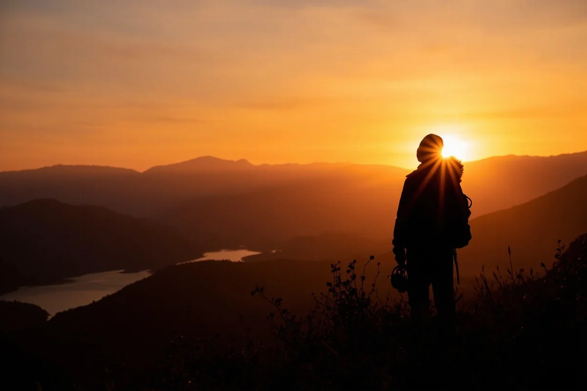 Traveler silhouette against Montana sunset, overlooking mountain valley