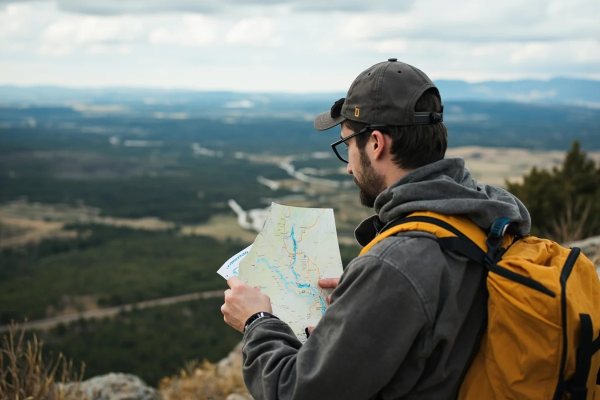 Traveler studying a map at a Montana overlook, planning their route