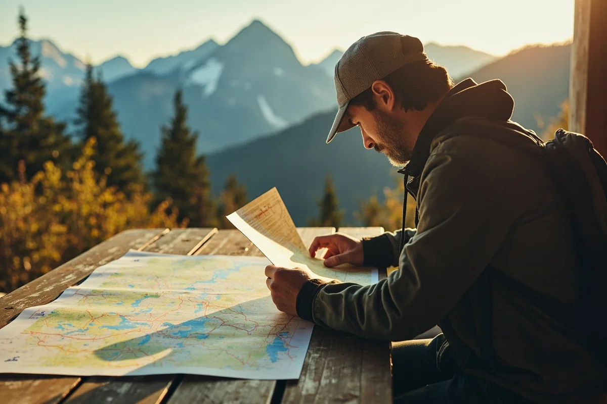 Traveler studying a road map spread across a picnic table at a scenic mountain rest stop