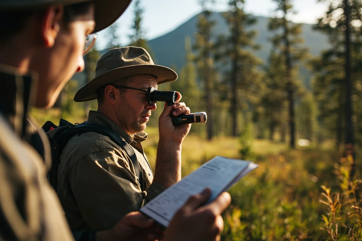 Traveler using field guide and hand lens to identify tree species in Montana forest