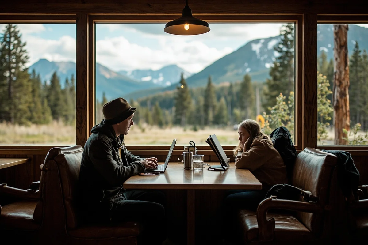 Traveler using laptop at a rustic Montana coffee shop with mountain views through window