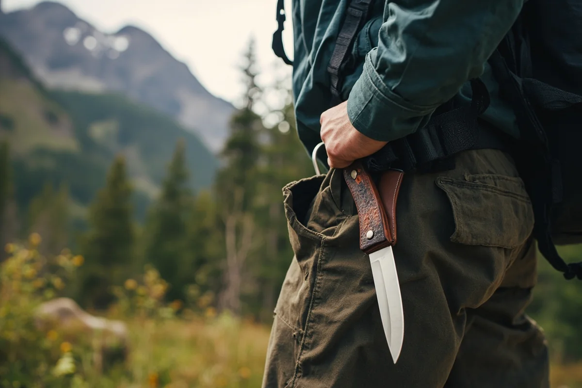 Traveler with a sheathed hunting knife on belt hiking through Montana wilderness near Glacier National Park