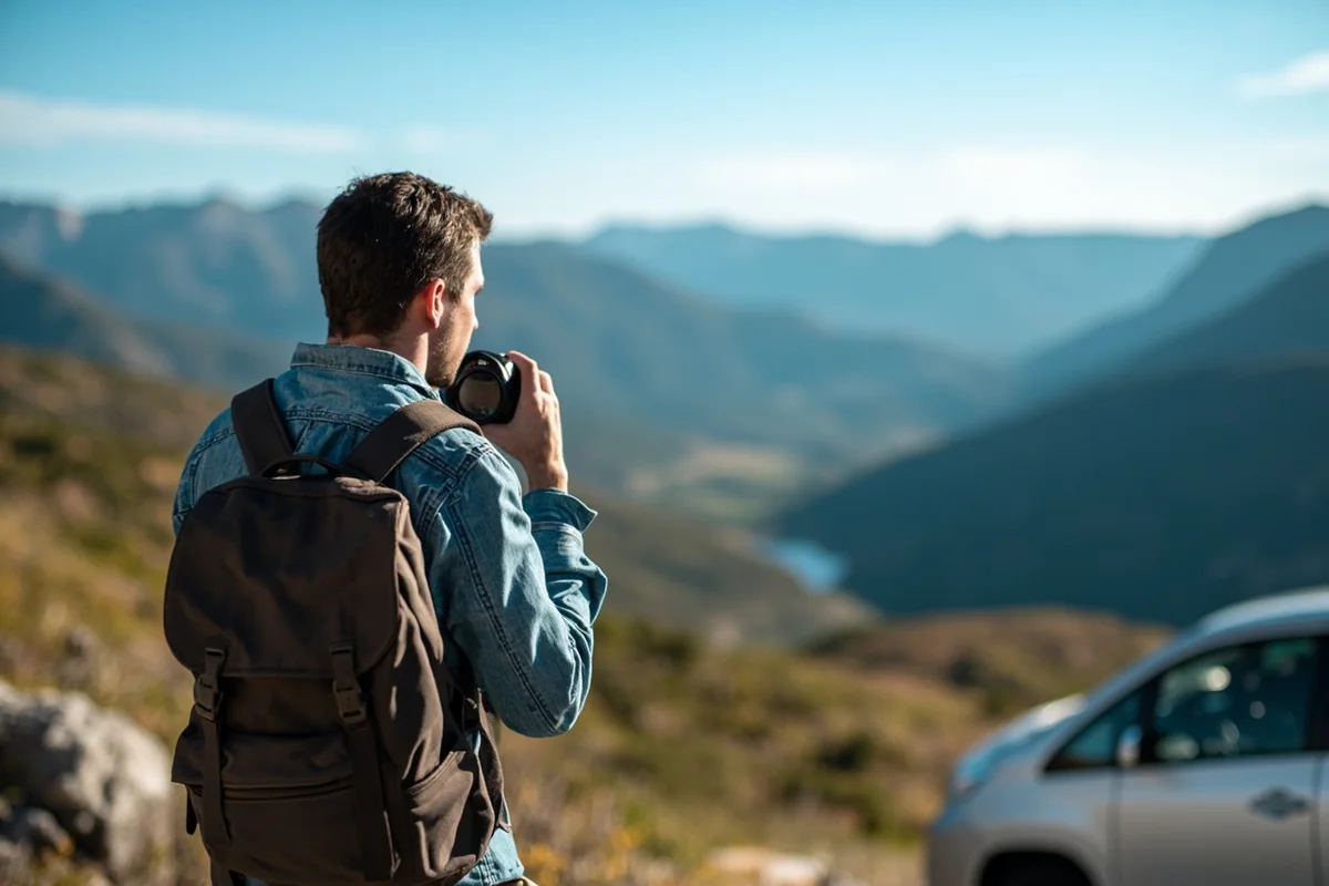 Traveler with backpack overlooking mountain valley from scenic overlook with car parked nearby