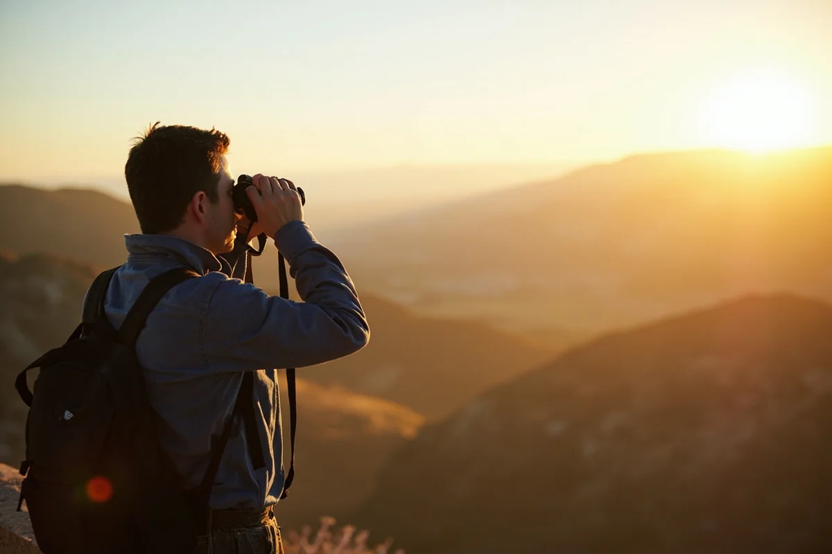 Traveler with binoculars overlooking Lamar Valley in early morning spring light