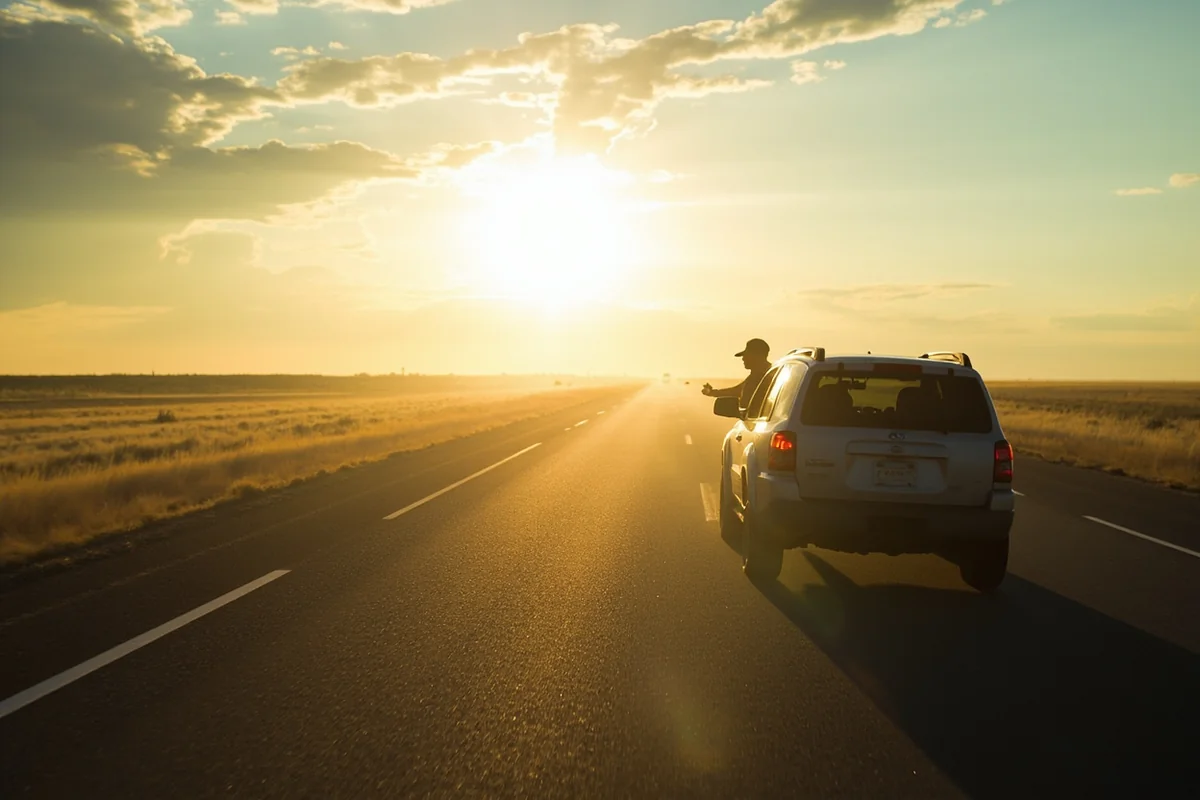 Traveler with car on open Montana highway during summer with heat shimmer visible