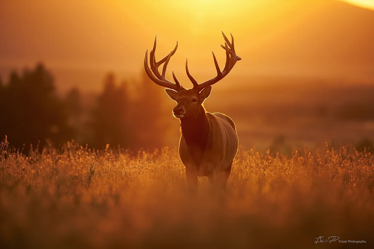 Trophy bull elk in Montana meadow during golden hour
