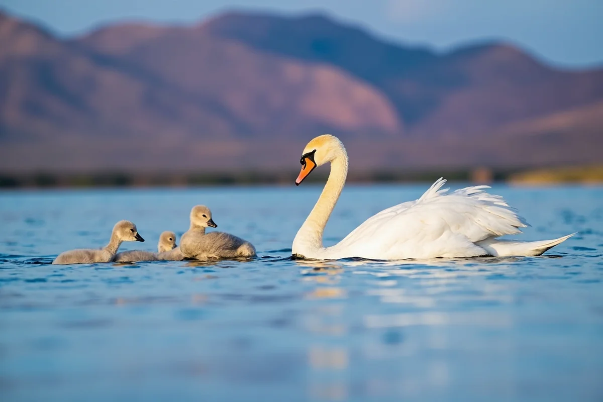 Trumpeter Swans with cygnets swimming in Red Rock Lakes with mountain backdrop