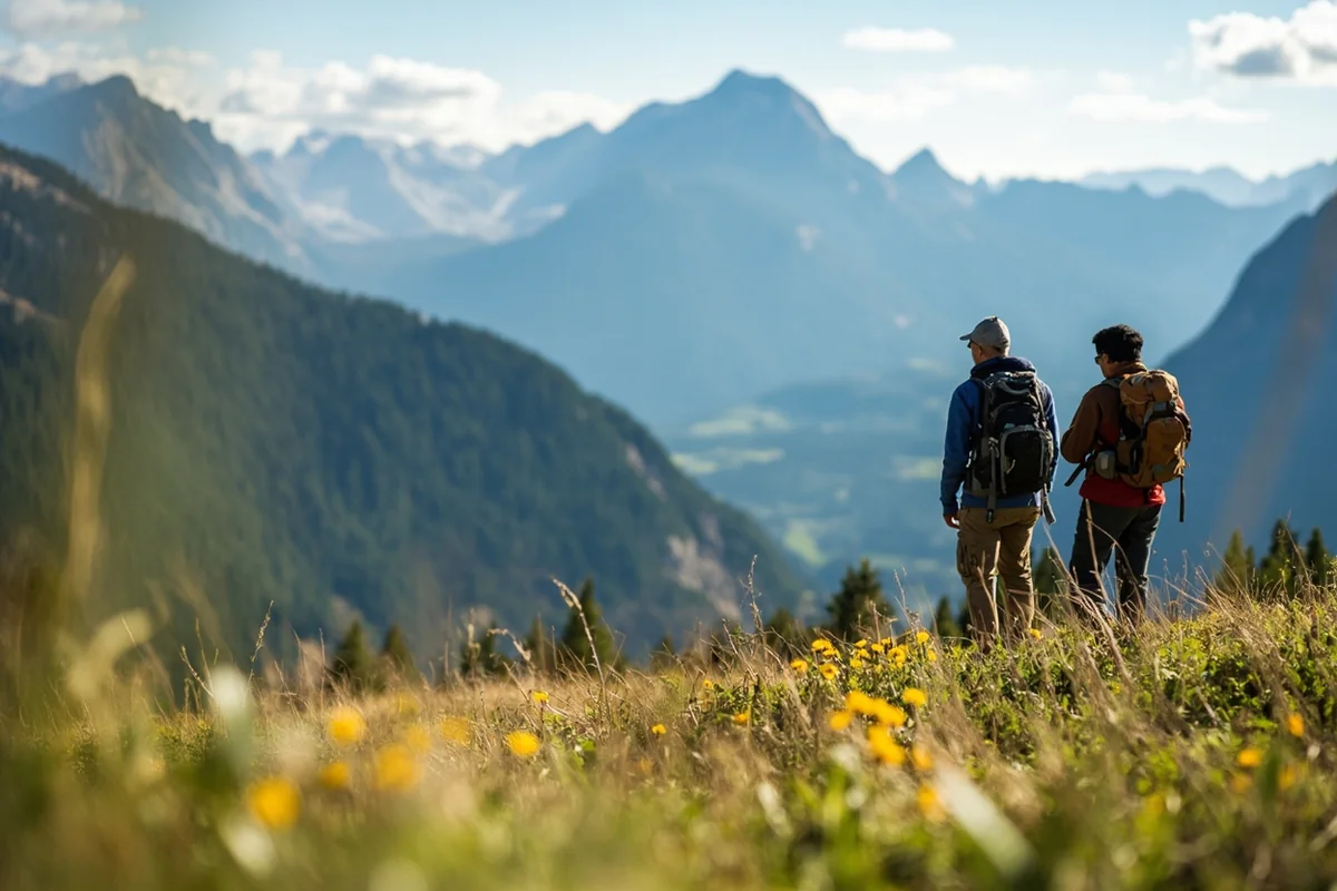 Two hikers enjoying mountain views from alpine meadow with wildflowers
