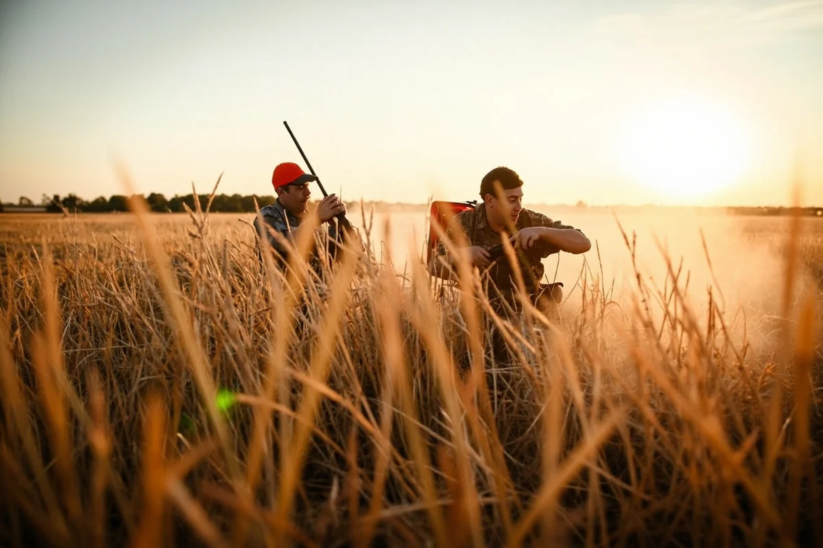 Two hunters working through tall CRP grass in a systematic push pattern