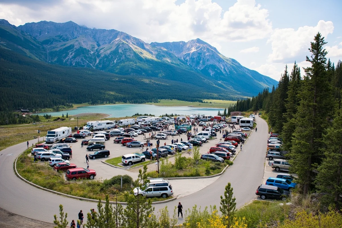Two Medicine Lake parking area with mountain backdrop showing typical crowd levels in summer