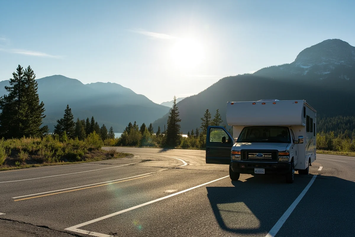 Two Medicine Lake parking area with mountains in background during early morning light