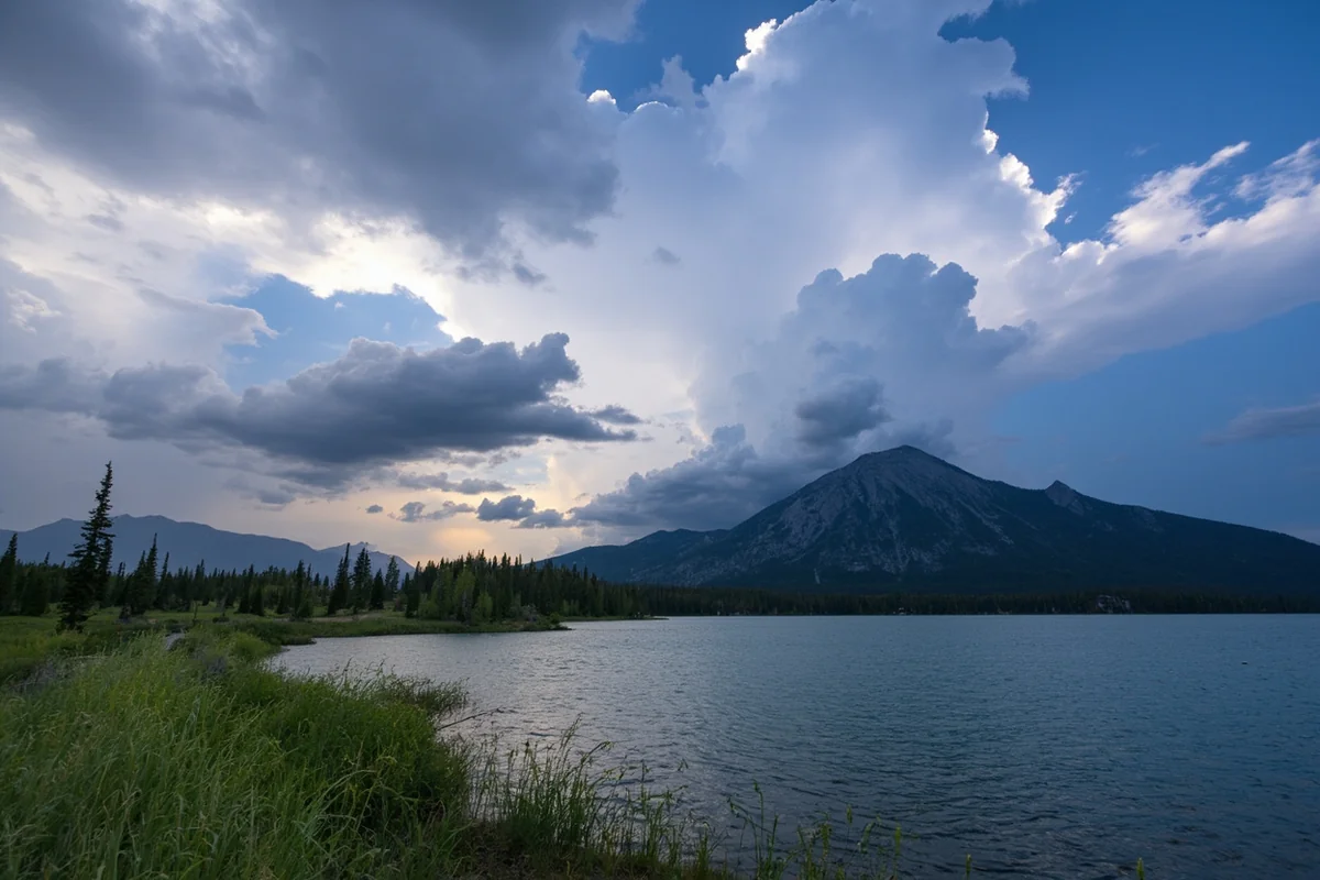 Two Medicine Lake with dramatic storm clouds rolling over Sinopah Mountain