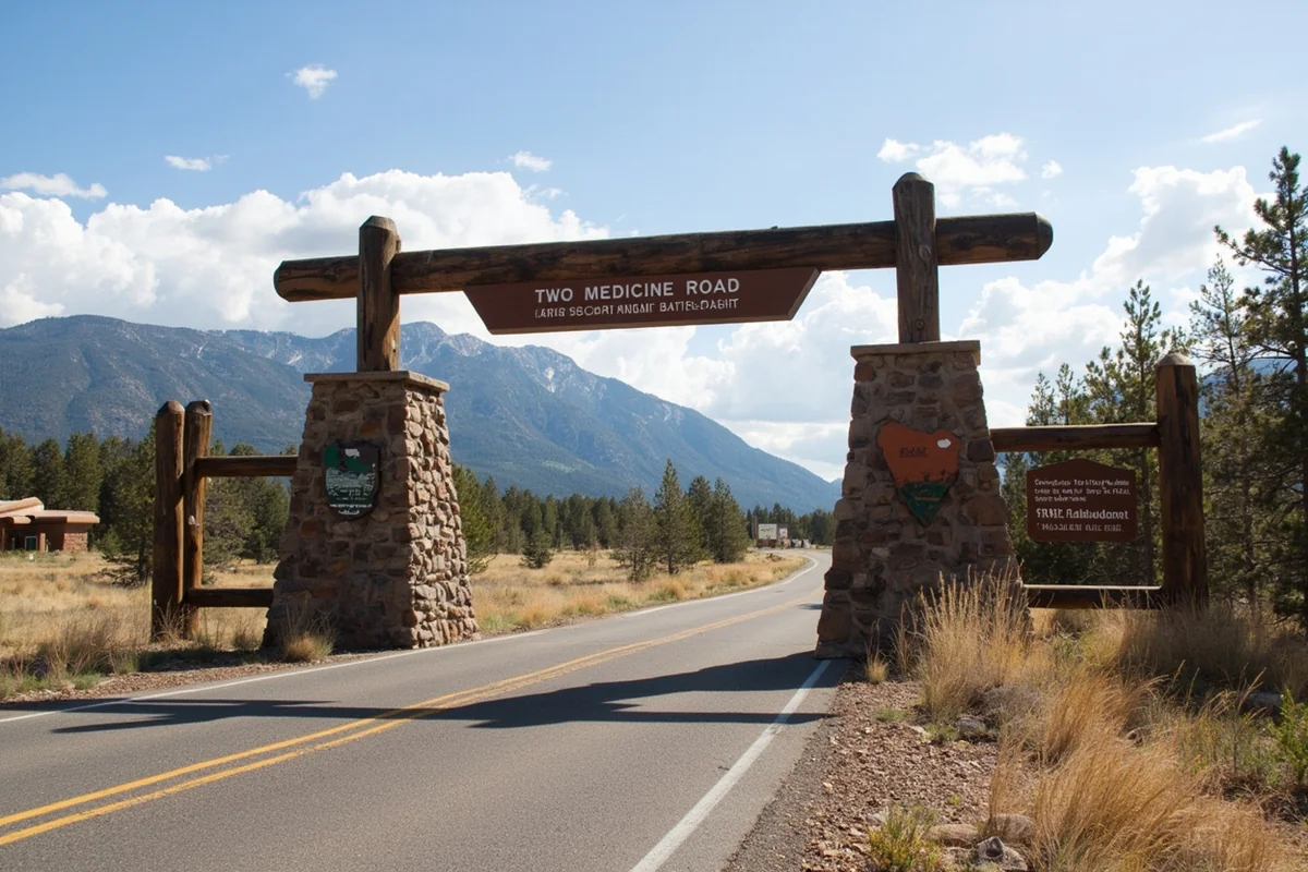 Two Medicine Road entrance with mountain backdrop and park signage visible