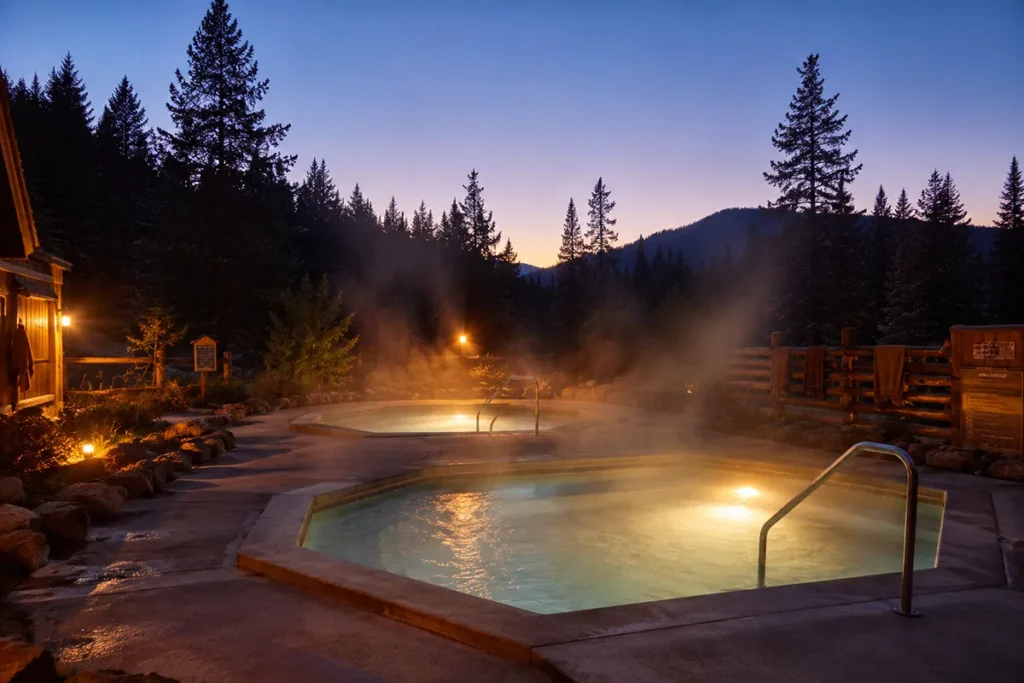 Elkhorn Hot Springs outdoor soaking pools at dusk with steam rising and pine forest surrounding the resort