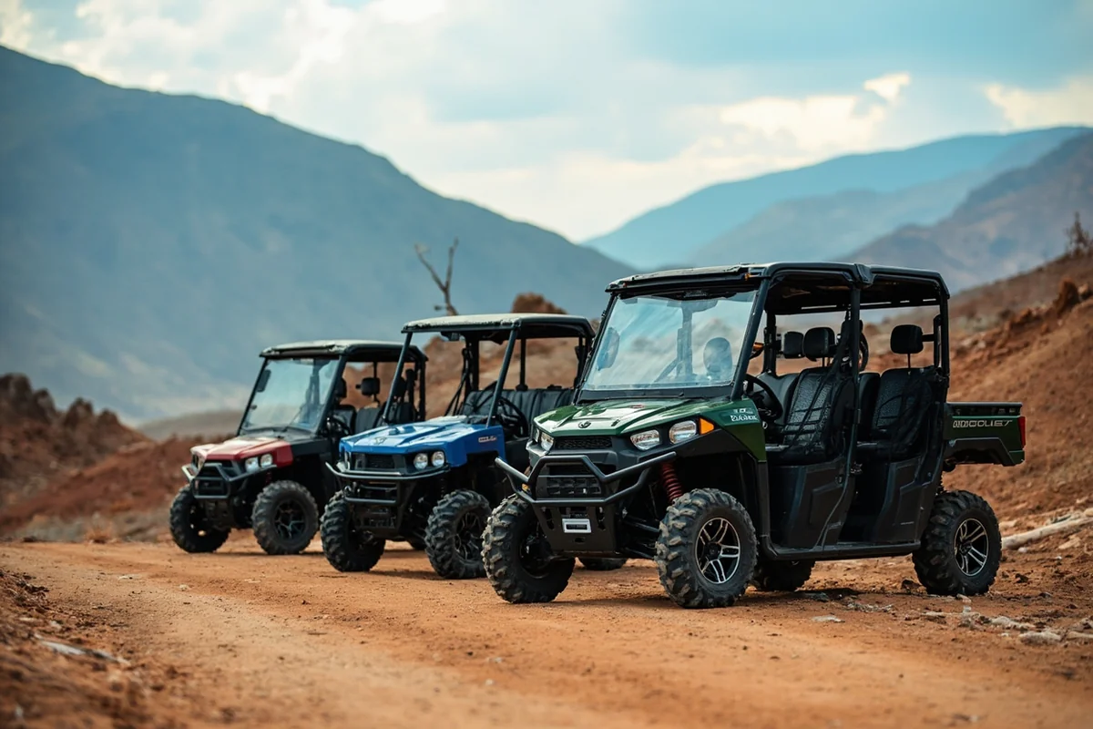 Two UTVs lined up at a tour operator's staging area with mountains in the background