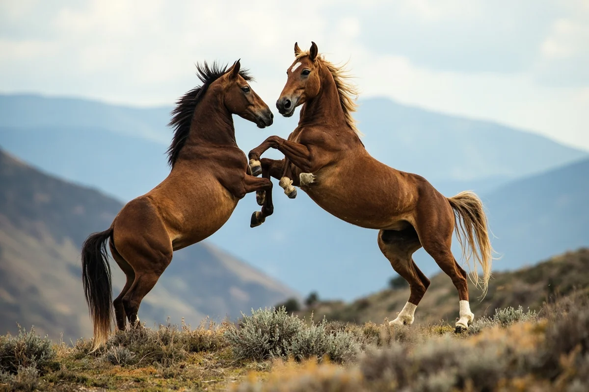 Two wild stallions displaying dominance behavior on a mountain ridge