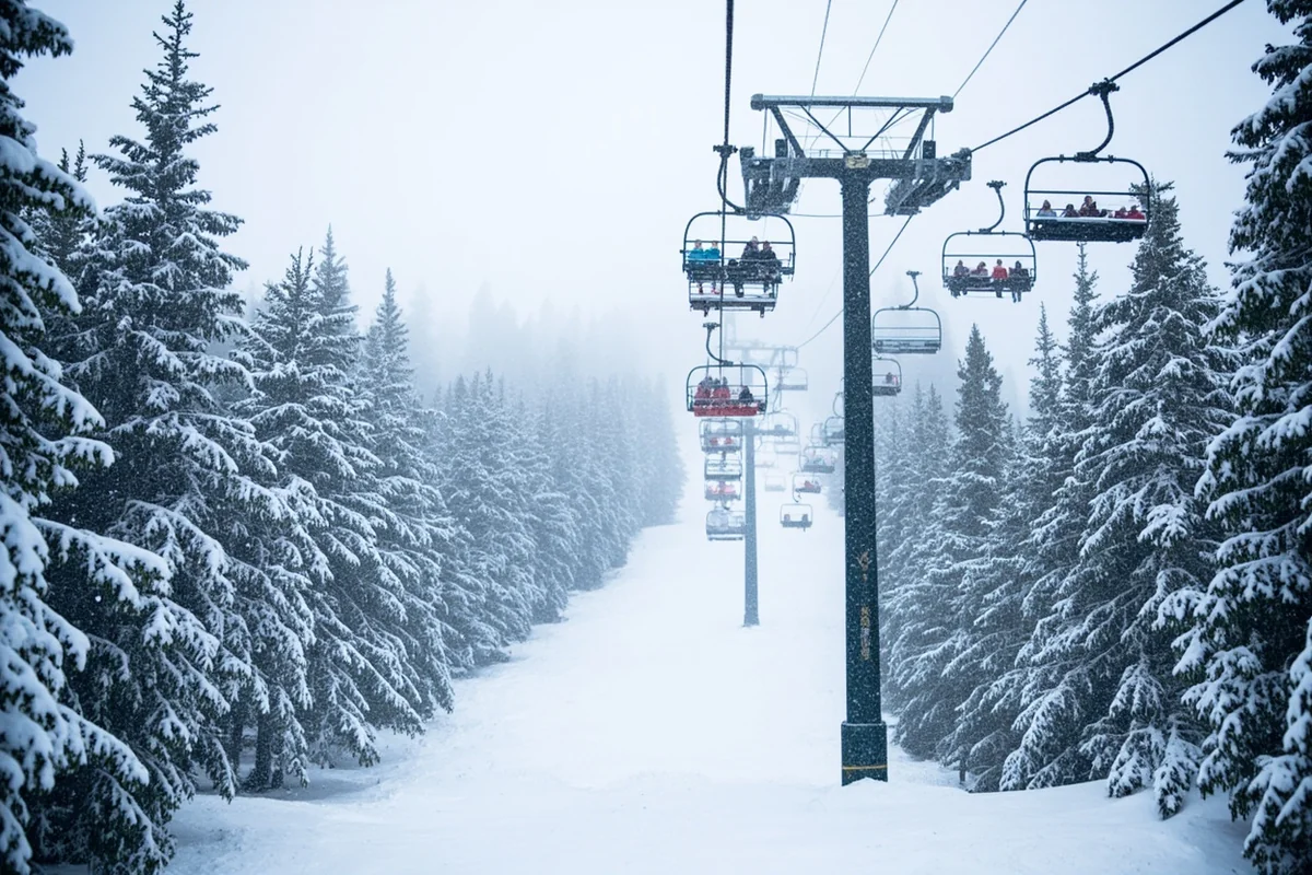 Uncrowded ski lift at a smaller Montana ski resort with evergreen trees covered in fresh snow