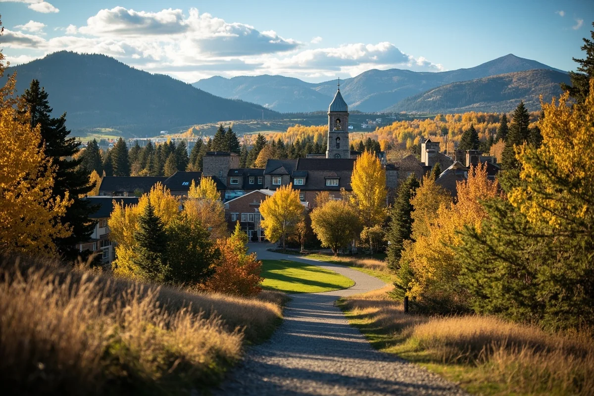 University of Montana campus in Missoula showing the M trail and surrounding mountains