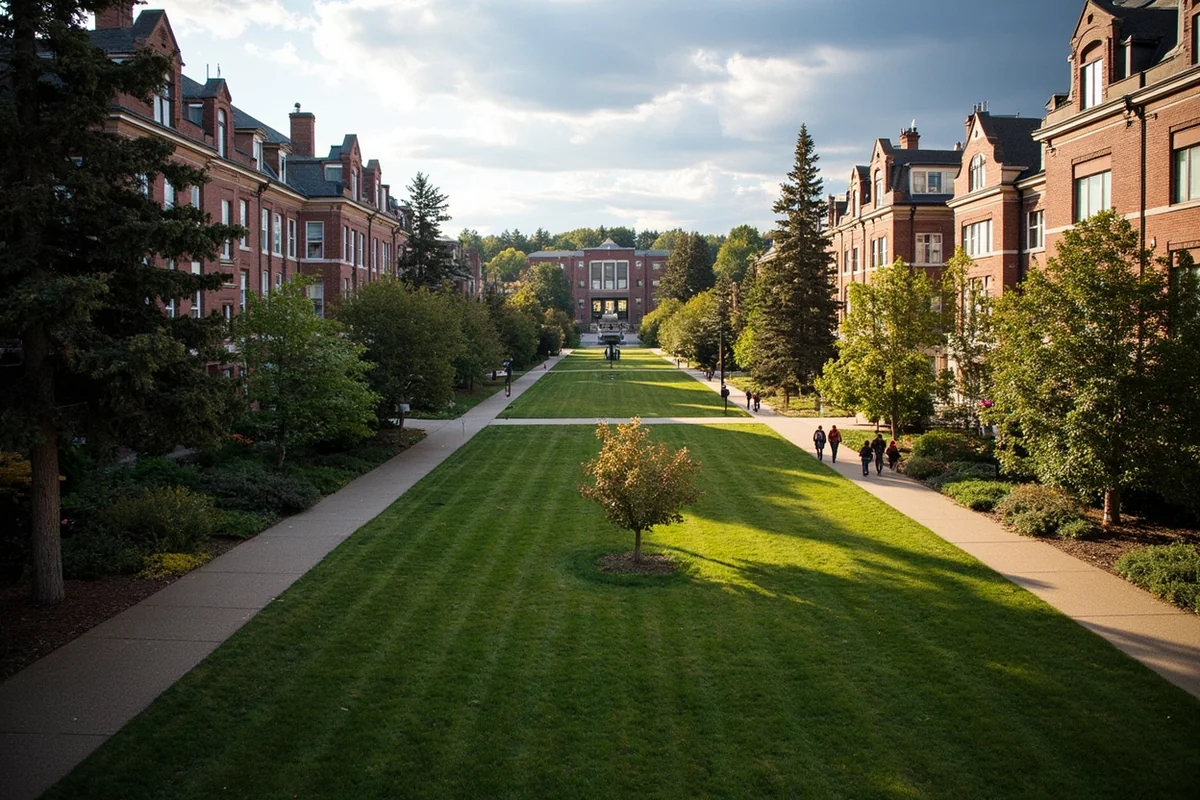 University of Montana campus with historic buildings and tree-lined pathways