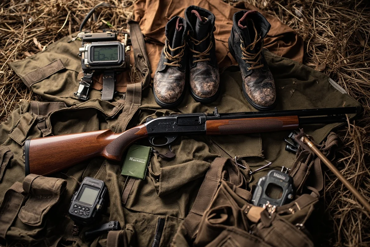 Upland hunting gear laid out including shotgun, vest, boots, and GPS unit