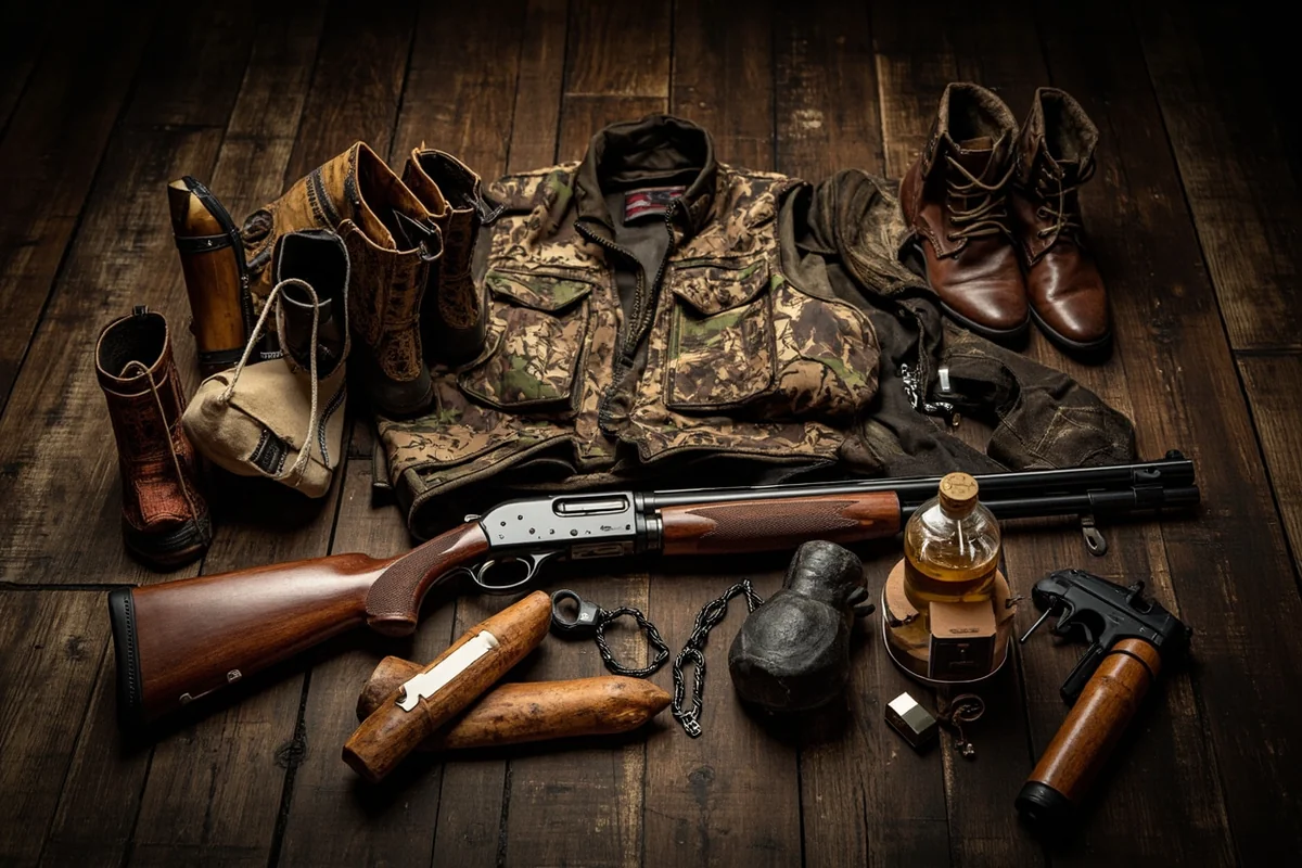 Upland hunting gear layout including shotgun, boots, vest, and dog supplies