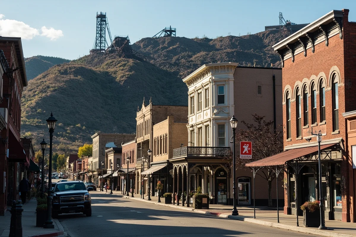 Uptown Butte historic district with ornate Victorian architecture and mining headframes visible on the hill