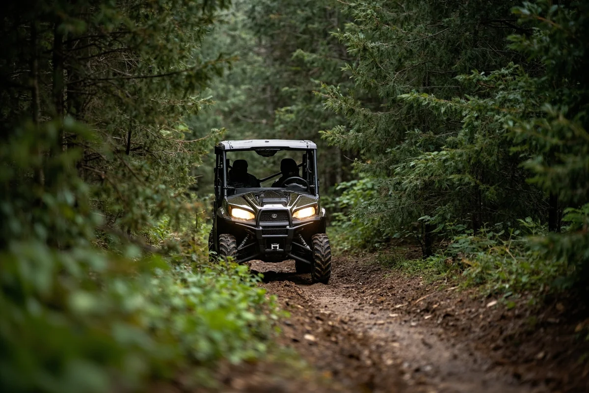 UTV navigating a narrow forest trail with dense evergreen trees on both sides