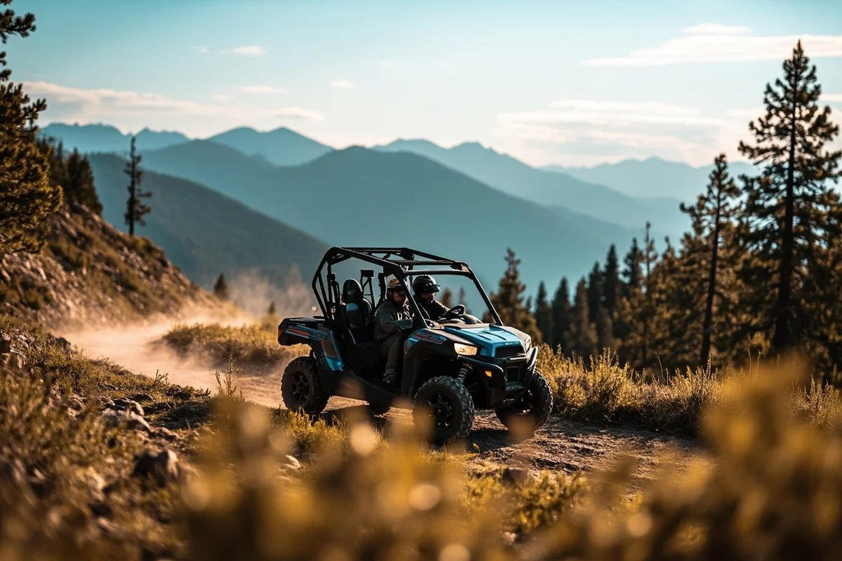 UTV side-by-side vehicle navigating a mountain trail with Montana mountain peaks in the background