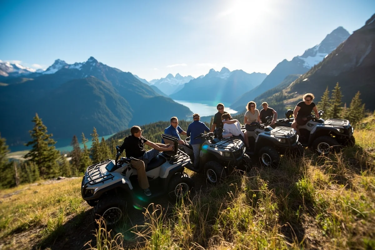 UTV tour group pausing at a mountain overlook with Glacier National Park visible in the distance