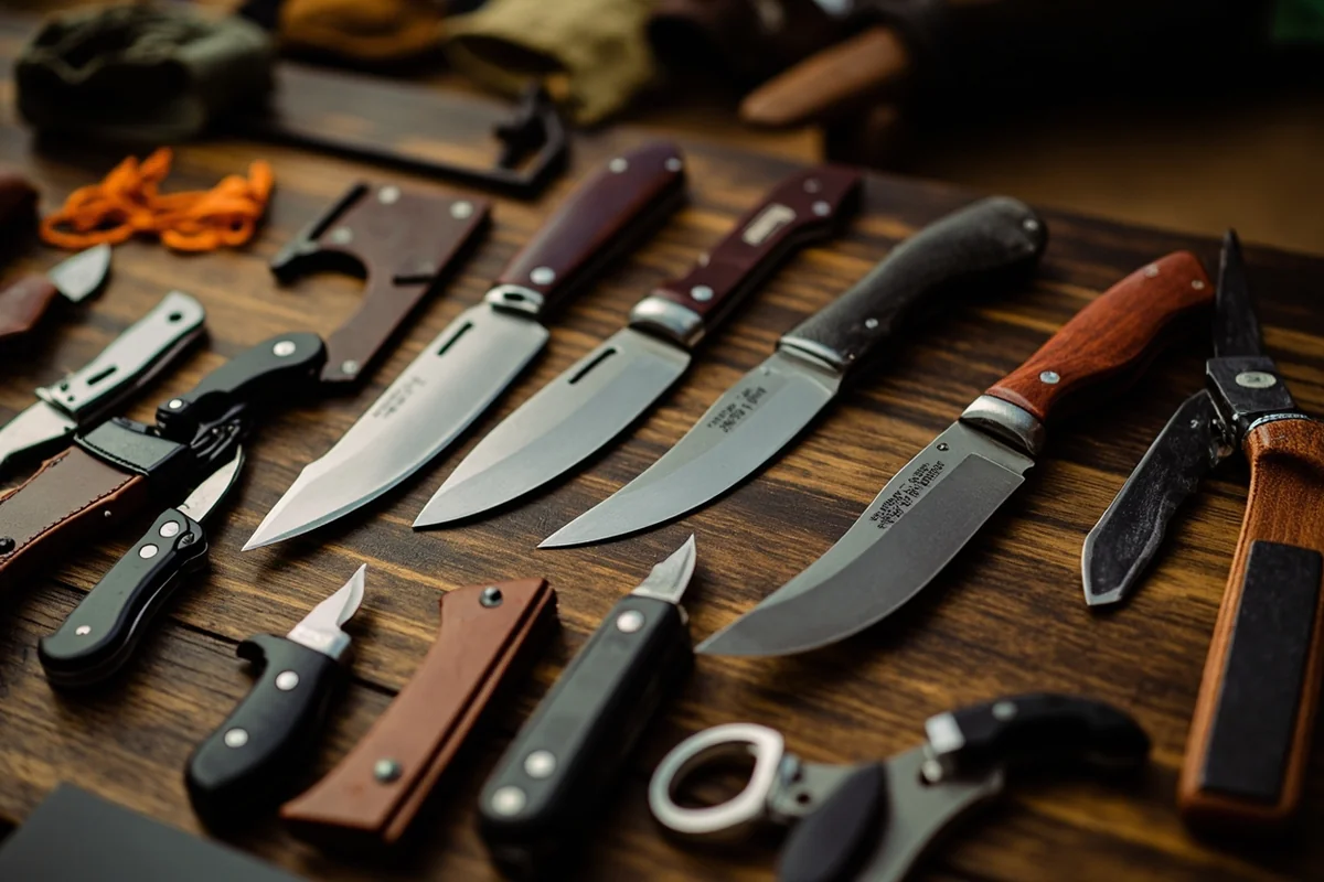 Various knives laid out on a wooden table appropriate for different Montana activities - fishing, hunting, camping, and general use